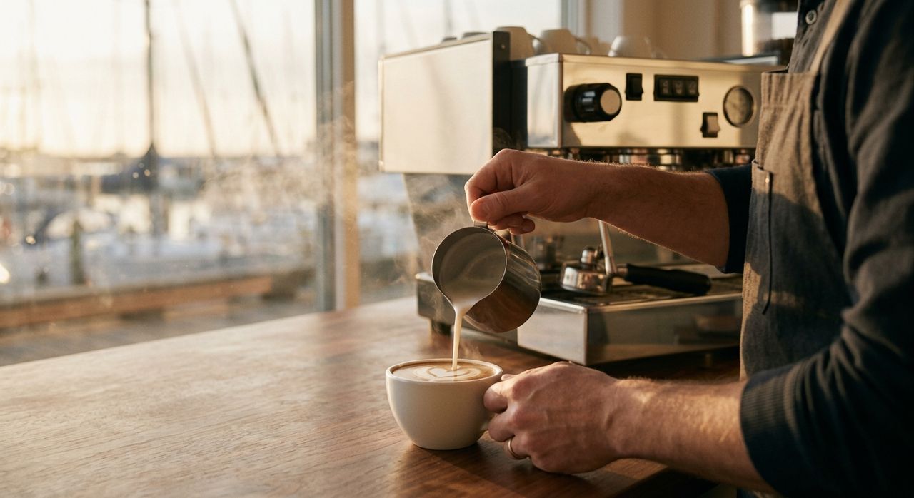 Barista pouring steamed milk into a ceramic cup at a wooden coffee bar, harbor blurred beyond the window
