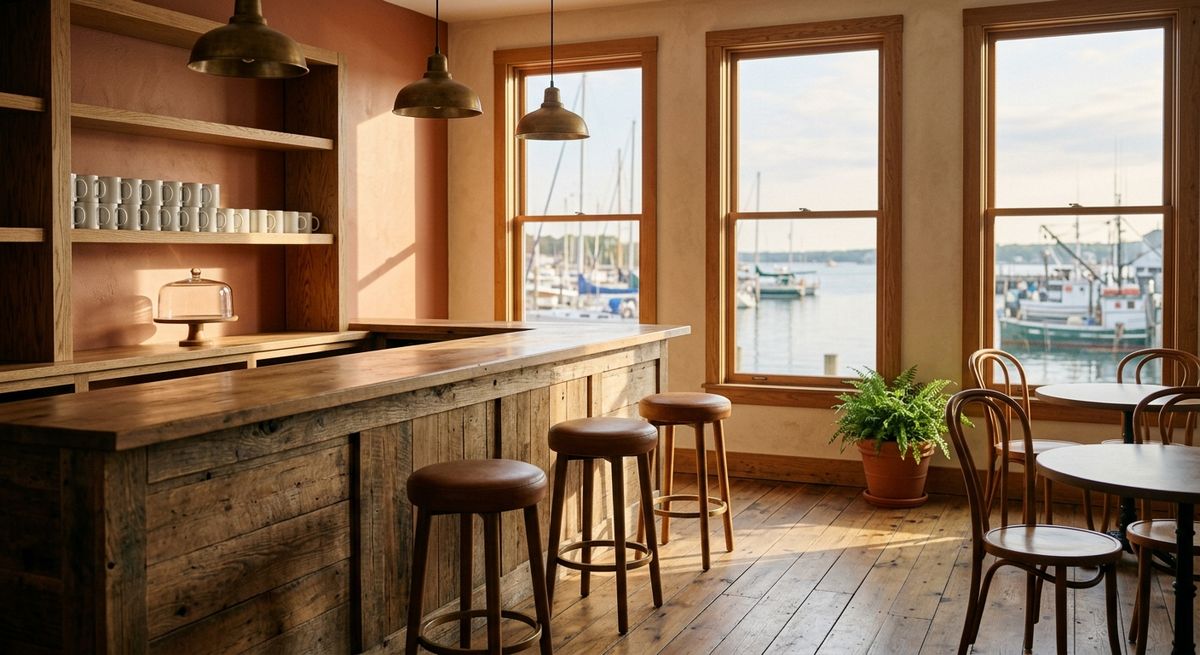 Coffee shop interior in morning light: terracotta walls, a wooden counter with leather stools, windows on the harbor