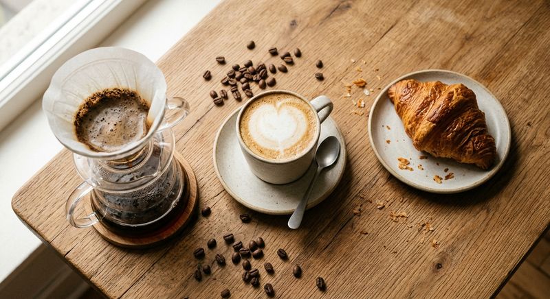 Overhead view of a cappuccino, a glass pour-over brewer, a croissant, and scattered coffee beans on oak